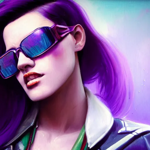 Prompt: very detailed masterpiece closeup painting of a very beautiful young mexican cyberpunk woman with blue shutter shades, one side haircut, dark purple hair, purple leather jacket, cyberpunk background, purple lighting, raining, portrait, artstation, concept art by greg rutkowski