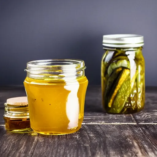 Prompt: a jar of honey with pickles inside, food photography, product image, honey pickles