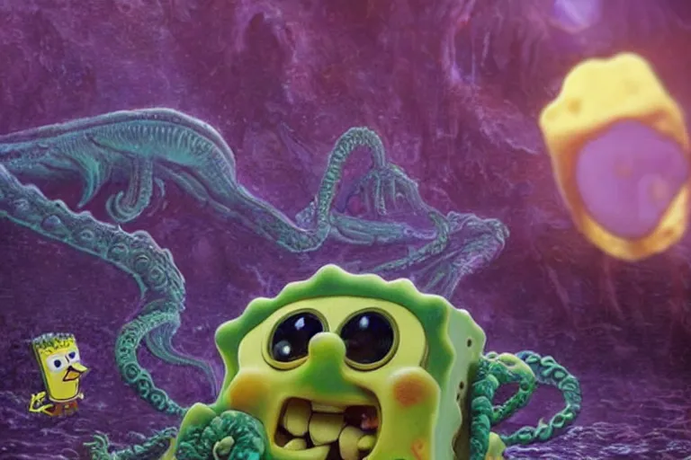 Image similar to Spongebob Cthulhu chimera, photorealistic still from Alien Planet