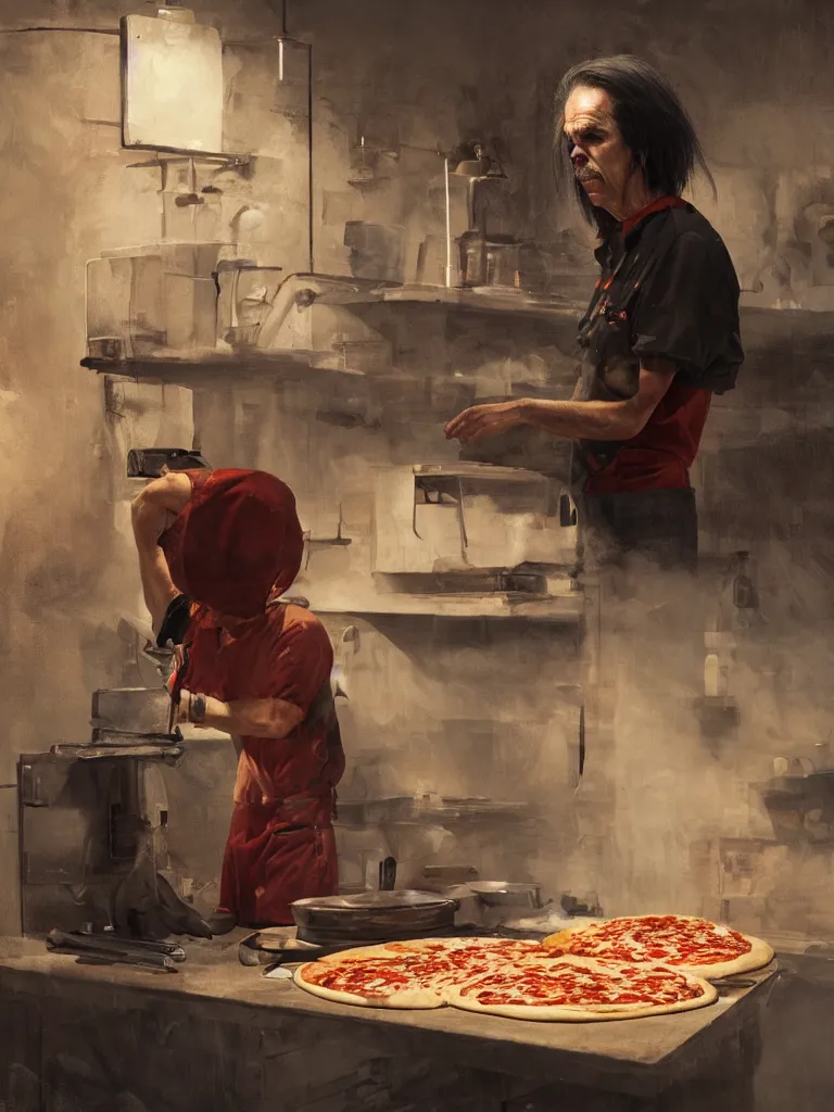 Image similar to a portrait of sad nick cave baking pizza in a painting from stalenhag, 4 k, 8 k, hdr, artstation, concept art