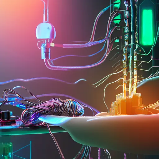 Image similar to conception of a android organs as human resources, laboratory background, liquids, cables, robotic arm, cyberpunk style, details, studio lighting, realism, complex lights