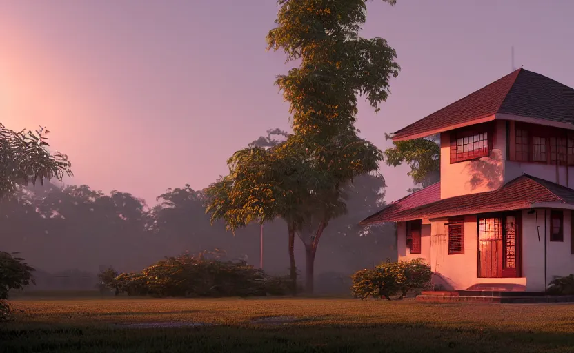 Prompt: a beautiful small assam type house at sunrise, guwahati, concept art, octane render, unreal engine 5, trending on artstation, high quality, 8 k, soft lighting, path traced, hyperrealistic, highly detailed, digital art, symmetrical, cinematic, high coherence, godrays