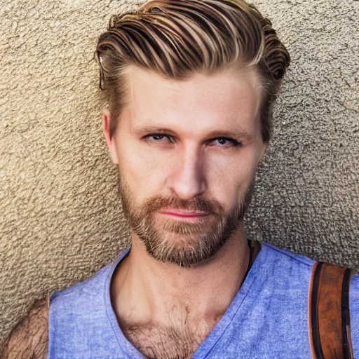 Image similar to close up of face of good looking 4 0 year old anglo slavic blond man with blond stubble, very short wavy blond hair in a short pompadour style, very dark blue eyes, portrait, 4 k