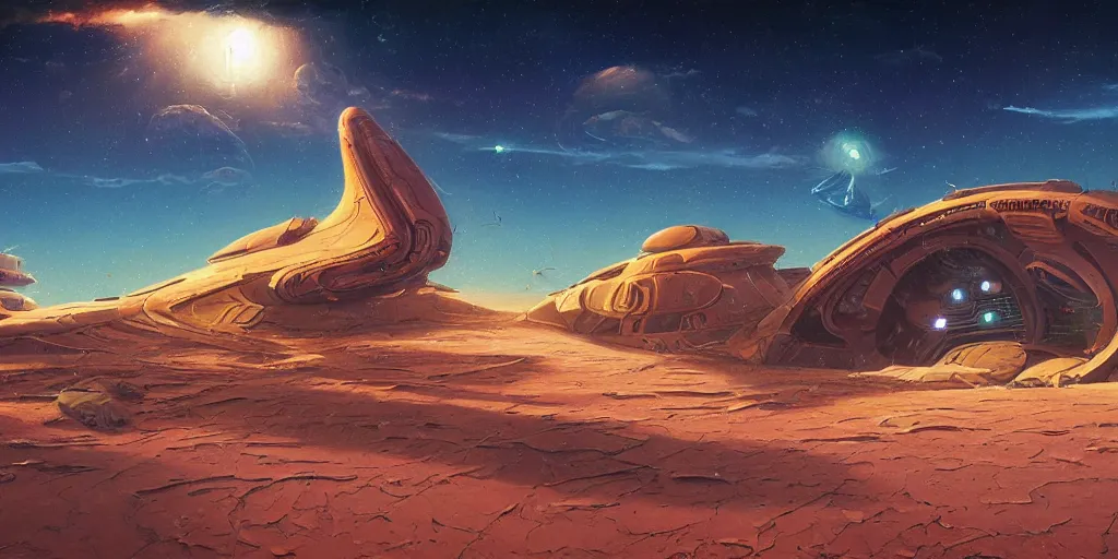 Prompt: the sands of time, a highly detailed cinematic oil painting by roger dean and alena aenami, crashed spaceship!!, dynamic lighting