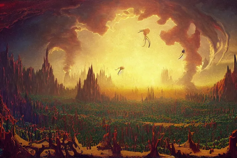 Image similar to miskatonic university big bang landscape in the style of dr. seuss,'run the jewels ', painting by albert bierstadt