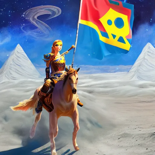 Image similar to A hyper real comic book style portait painting of Zelda the princess, riding a horse on the moon, Triforce flag on the ground, unreal 5, hyperrealistic, octane render, cosplay, RPG portrait, dynamic lighting