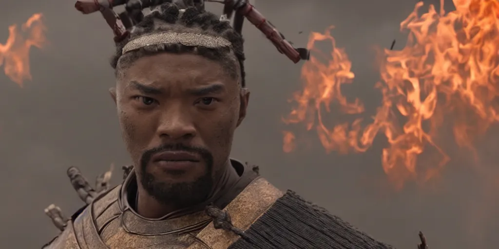 Image similar to a film still of a black man starring in a japanese blockbuster film as samurai on fire, shallow depth of field, cinematic, award winning cgi, vfx, film still