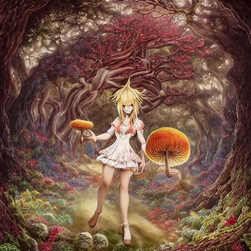 Prompt: kirisame marisa from touhou in a forest with wise oak treant adorned with fungi like mycelium branches highly detailed by Agostino Arrivabene, Albert Bierstadt, Albert Koetsier and Agnes Lawrence Pelton:3, trees covered with various mushrooms, bright vivid color hues:1, brown:-2