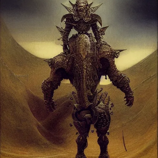 Image similar to triceratops rider in norse armor concept, beksinski
