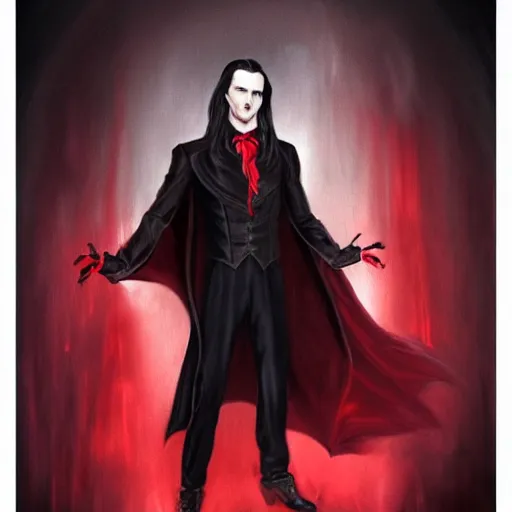 Prompt: a vampire, male, mid - 4 0 s aged, long, slicked black hair, clean shaven, in red and black, regal, high fantasy, oil painting, realistic, full body shot, concept art.