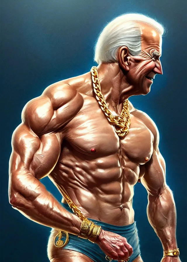 Image similar to super muscular joe biden wearing cycling shorts and gold chains walking on water, elegant, real life skin, intricate, high detailed, artstation, concept art, smooth, sharp focus, art by artgerm and greg rutkowski