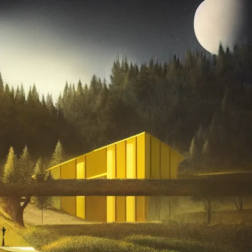 Prompt: futuristic yellow house between hills with big trees, monks walking, multiple moons, dramatic lighting, artstation, matte painting, raphael lacoste, simon stalenhag, frank lloyd wright, zaha hadid