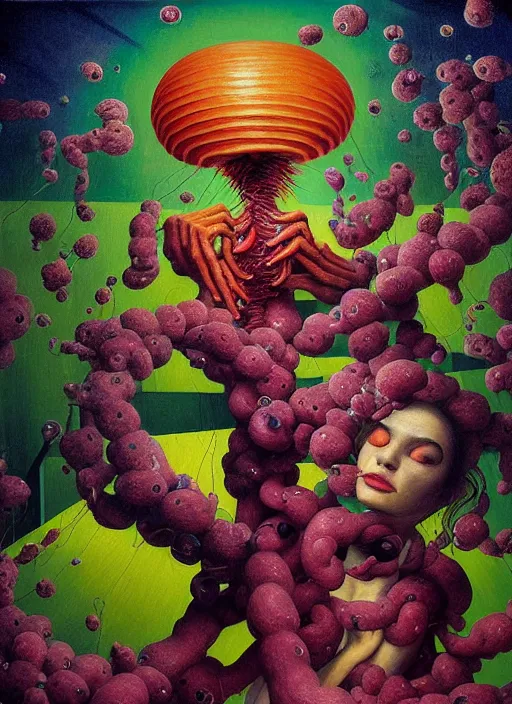 Prompt: hyper detailed Oil painting - Ramona Flowers Eats of the Strangling Fruit and Her gossamer polyp blossoms bring iridescent fungal flowers whose spores black the foolish stars by Jacek Yerka, Mariusz Lewandowski, Abstract brush strokes, Masterpiece, Edward Hopper and James Gilleard, Zdzislaw Beksinski, Mark Ryden, Wolfgang Lettl, hints of Yayoi Kasuma