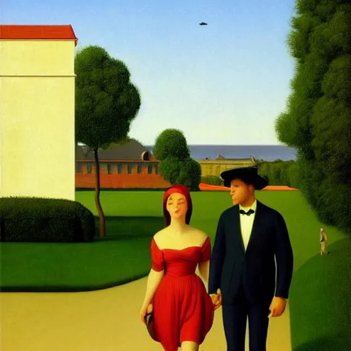 Image similar to an evening stroll with a man and his lady by Raphael, Hopper, and Rene Magritte. detailed, romantic, enchanting, trending on artstation.