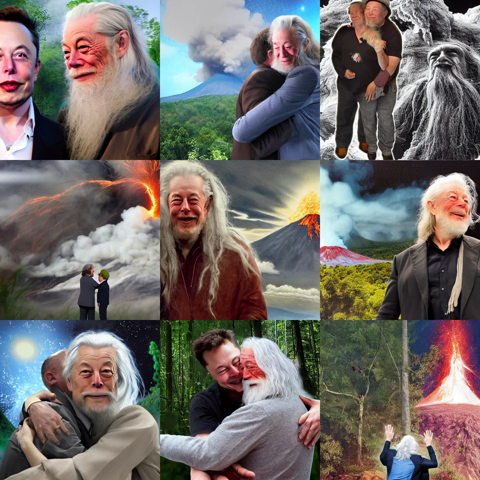 Prompt: elon musk hugging gandalf on an erupting volcano in a dense forest, hyperrealistic, high detail, detailed faces, modern art,