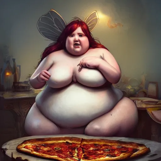 Image similar to a very fat fairy sitting in a messy room and burping because she ate too much pizza and junk food, fantasy art, illustration, amazing detail, in the style of greg rutkowski, artgerm, cgsociety