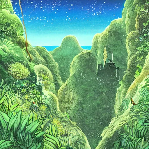 Image similar to illustration of a lush natural scene on an alien planet by studio ghibli. very detailed. beautiful landscape. weird vegetation. cliffs and water.