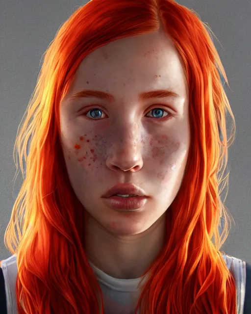 Prompt: portrait of 1 4 - year - old girl with flaming red hair, a lot of freckles, and bright brown eyes, wearing shirt, hyper realistic face, beautiful eyes, character art, art by mark brooks, hyperdetailed, cryengine, trending on artstation, digital art