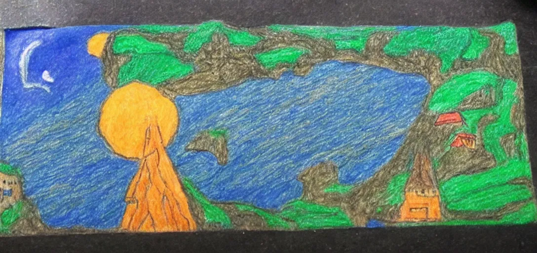 Image similar to The Shire poorly drawn in wax crayon by a five-year old