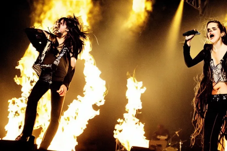 Image similar to emma watson as a heavy metal singer, stage lights, smoke, flames