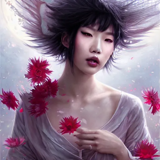 Image similar to very very very beautiful asian girl turning into a ferocious werewolf, large teeth, falling flower petals, epic digital painting, art by wlop and raymond swanland and chie yoshii, extreme detail