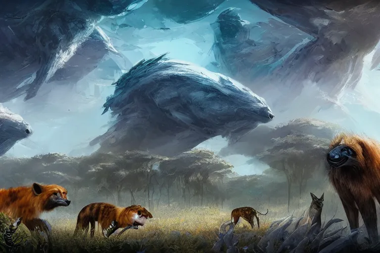Image similar to colony of beautiful elegant otherworldy animals+hyenas, landscape, fantasy, sci-fi, concept art, speculative evolution, 4k ultra hd, digital art