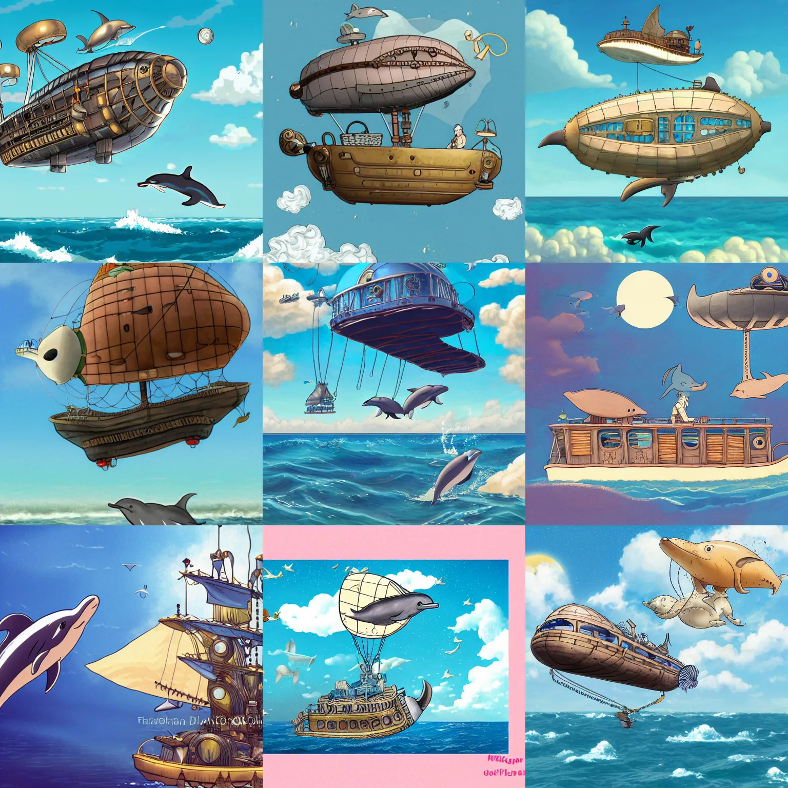 Prompt: a detailed illustration of a dolphin-shaped steampunk airship with a cute dolphin by the sea in the style of Ghibli, 8k