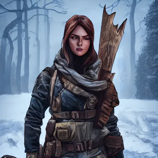 Image similar to A comic book style portrait painting of a female ranger in a a post apocalyptic winter landscape, unreal 5, DAZ, hyperrealistic, octane render, RPG portrait, ambient light, dynamic lighting