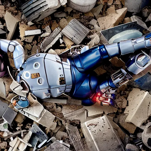 Prompt: A broken robotic superhero lying atop a field of rubble, dented and cracked body, movie still, 2016