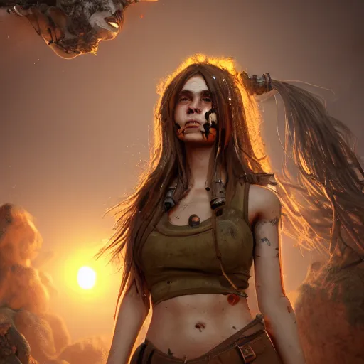 Image similar to beautiful Gorgon Sisters, long hair, hazel eyes, cute freckles, full round face, short smile, golden hour, post apocalyptic setting, medium shot, mid-shot, highly detailed, trending on Artstation, Unreal Engine 4k