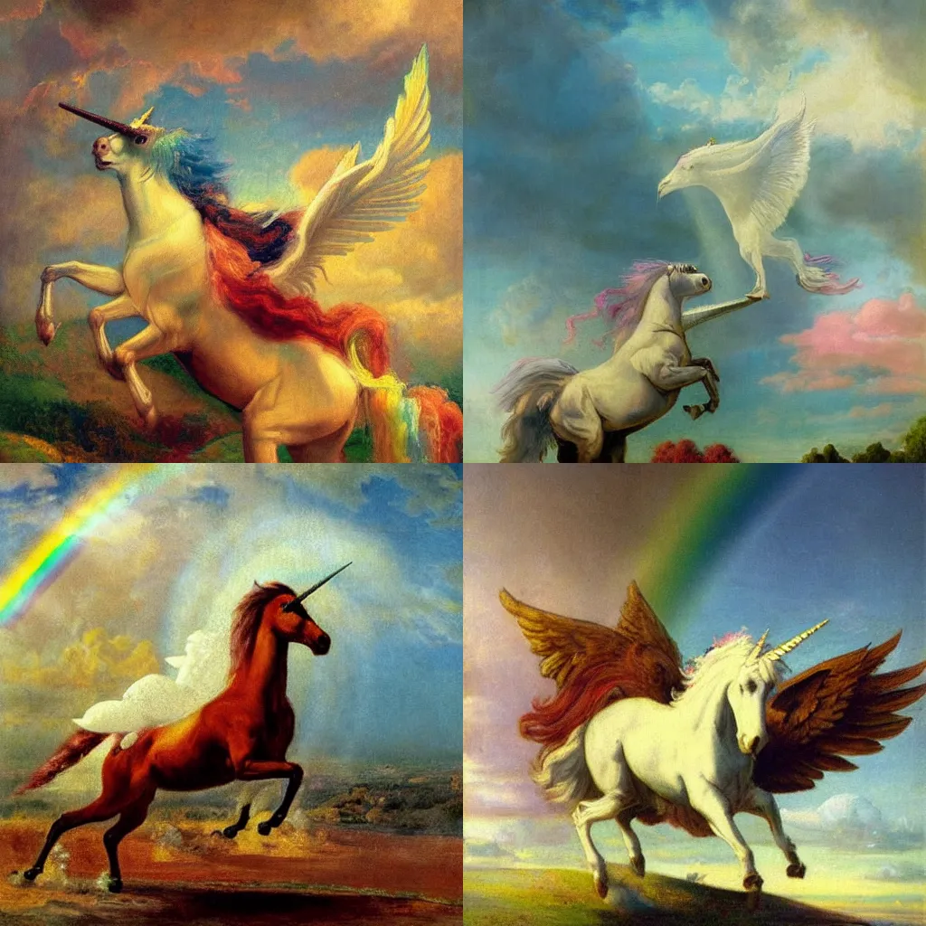 Prompt: winged unicorn galloping on a rainbow by albert edelfelt, clouds in the background, oil painting, high detail, vibrant colors, high quality,