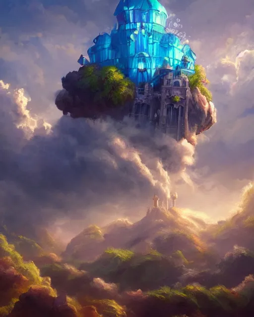 Image similar to flying cloud castle, bubble buildings, illustration, bright, blue sky, mountains, colorful, cinematic lighting, fantasy, high detail, masterpiece, artstation, 4 k, art by wylie beckert