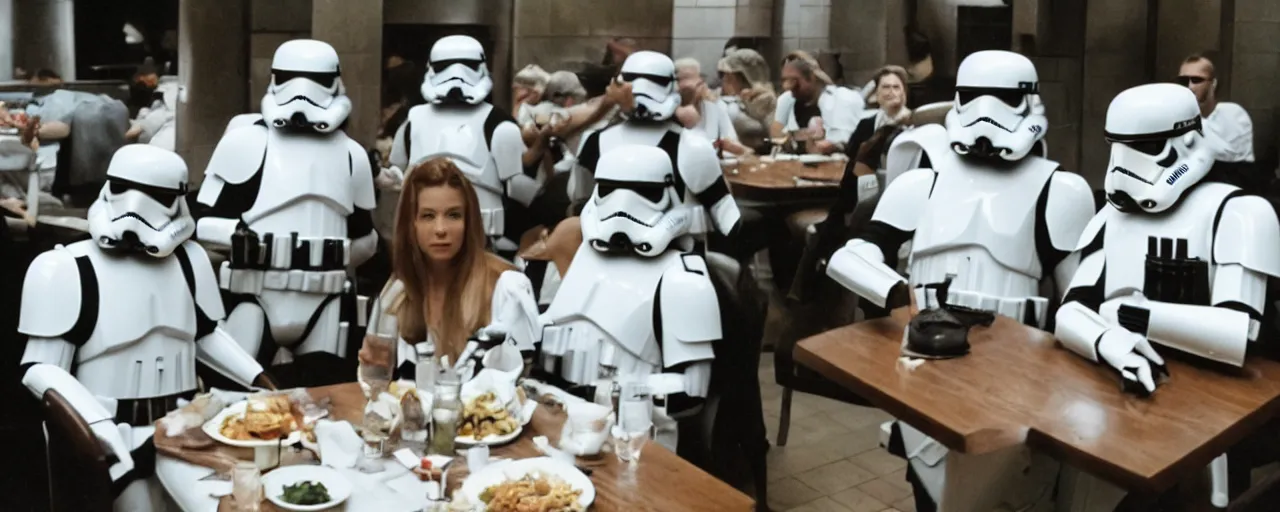 Image similar to Storm troopers out for dinner, the last supper, cinematic still frame, 80s, cinematography, anamorphic lens, kodak color film stock