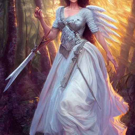 Prompt: A beautiful detailed painting of jennifer connelly as a female angel warrior in a magical forest by john sargent and Kalin Popov , Trending on artstation HD.