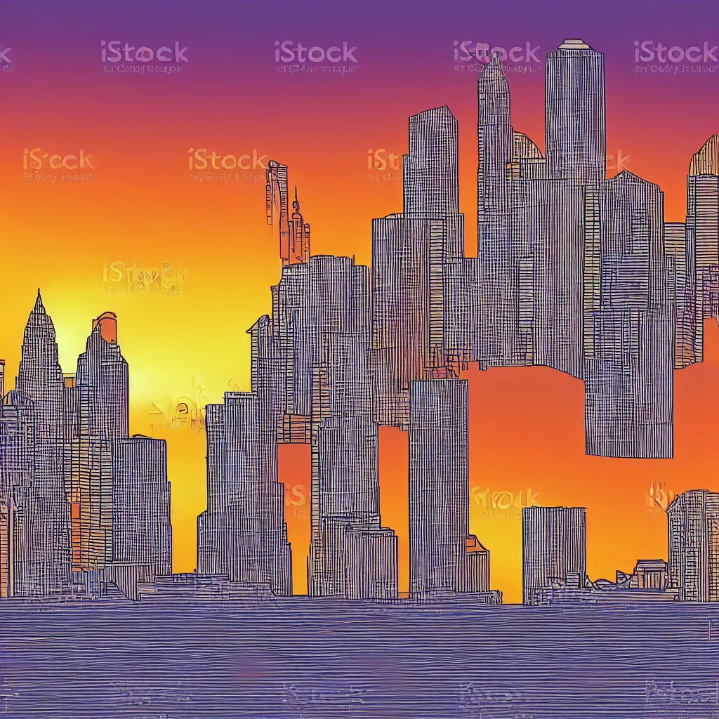 Image similar to minimialist vector art of tampa skyline at sunset, illustration