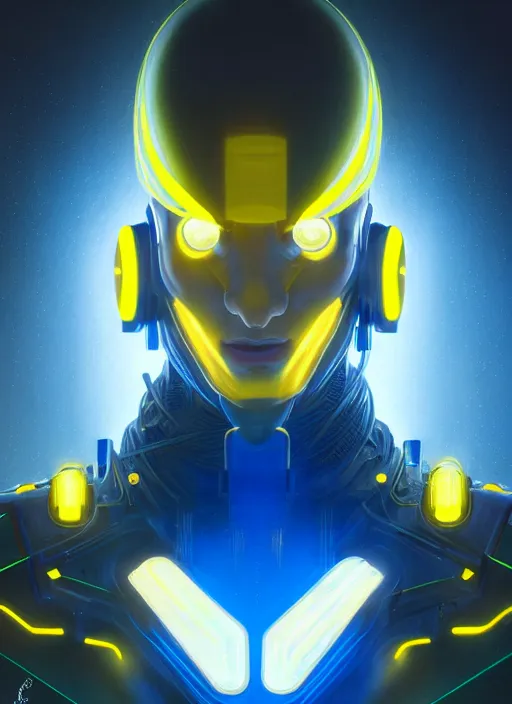 Image similar to symmetry portrait of a man with a grin, sci - fi, tech wear, blue and yellow glowing lights, intricate, elegant, highly detailed, digital painting, artstation, concept art, smooth, sharp focus, illustration, art by artgerm and greg rutkowski and alphonse mucha