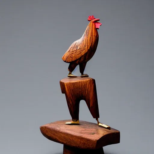 Image similar to wooden sculpture of a miner holding a rooster, polished maple, thoughtful, elegant, real