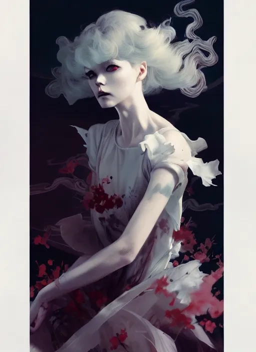 Image similar to character design by james jean, ruan jia, ilya kuvshinov, martine johanna, jakub rebelka ( ( ( portrait of gothic girl in seductive luxurious flowy tornado dress ) ) ) emerging from lighting and powerful thunder, sharp edges. ultra detailed, majestic, intricate,
