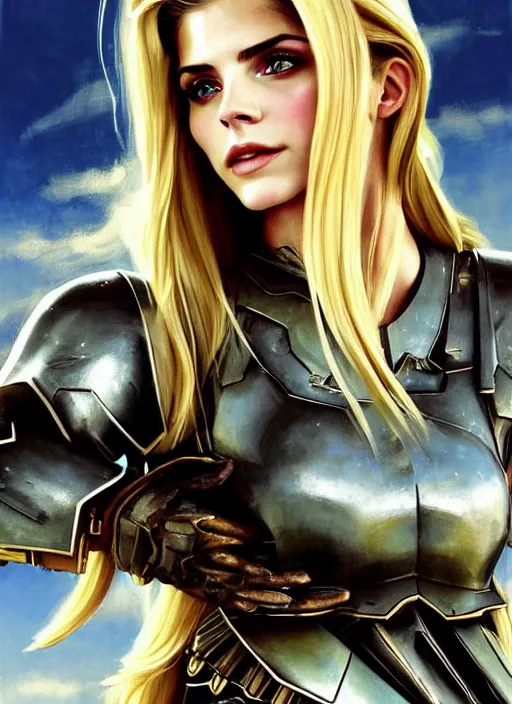 Image similar to portrait of a combination of Ashley Greene, Katheryn Winnick, Victoria Justice and Adriana Dxim, Grace Kelly, Emma Watson and Lily Collins with blonde hair wearing Varia Armor from Metroid Prime, countryside, calm, fantasy character portrait, dynamic pose, above view, sunny day, thunder clouds in the sky, artwork by Jeremy Lipkin and Giuseppe Dangelico Pino and Michael Garmash and Rob Rey and Greg Manchess and Huang Guangjian, very coherent asymmetrical artwork, sharp edges, perfect face, simple form, 100mm