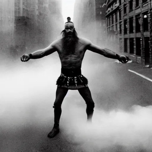 Image similar to old black and white photo, 1 9 1 3, depicting a techno viking shaman rampaging through the bustling streets of new york city, historical record, volumetric fog