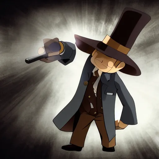 Prompt: professor layton holding a gun, 4k photograph, extreme low angle, longshot, fast shutter speed, dramatic backlighting