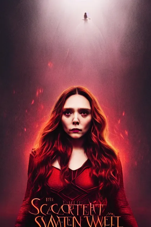 Prompt: movie cover with title'the scarlet witch '!! [ scarlet witch emanates magic from her hands ]!! elizabeth olsen cast, trending on unsplash, 4 k photorealism, 4 k quality