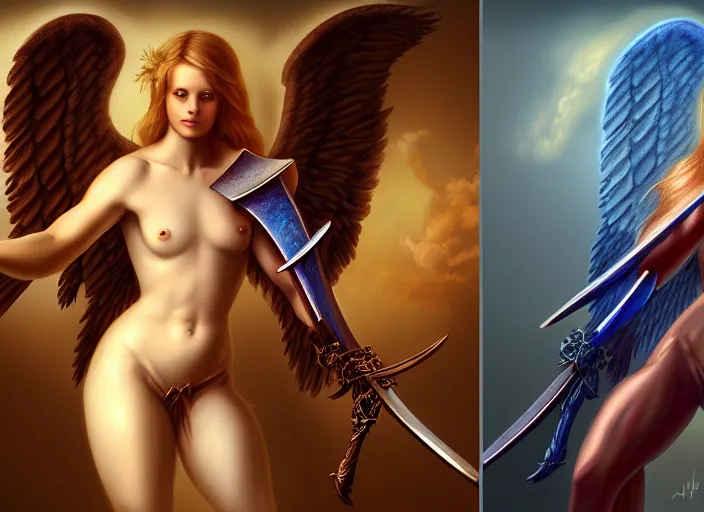 Image similar to a digital painting of an angel holding two swords, a digital rendering by jan tengnagel, fantasy art, deviantart uhd, deviantart, apocalypse art, ray tracing, highly detailed, high quality, 8 k resolution