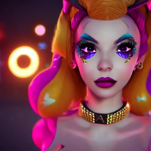 Image similar to still of pretty Jinx (League of Legends) in KDA music video. 3d render, octane render, game art, realistic, highly detailed, trending on artstation, 4k, trending on artstation, pixar, cgsociety, unreal engine 5, redshift render, trending on artstation, blender, behance, cg