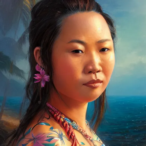 Image similar to portrait of a hawaiian woman ( 3 5 ) from hawaii in 2 0 2 1, an oil painting by ross tran and thomas kincade