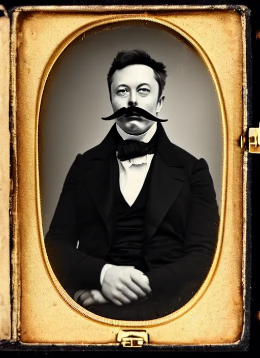 Prompt: Daguerreotype of Elon Musk with a moustache, classical portrait, 1849, direct gaze