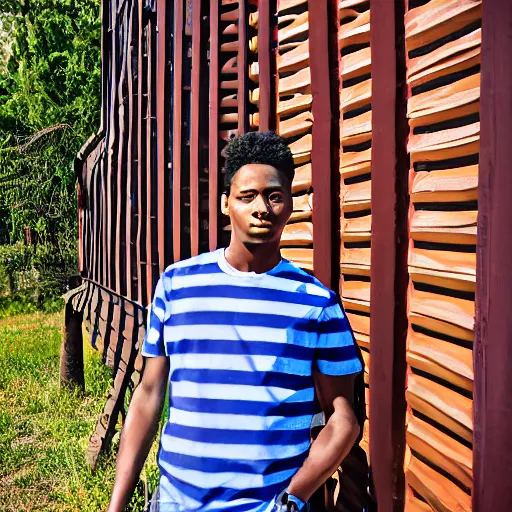 Image similar to Young man standing looking to the right in a red bandana, blue striped shirt, gray vest and a gun with a partly cloudy sky in the background. The young man is standing in front of an iron fence. Photograph. Real life