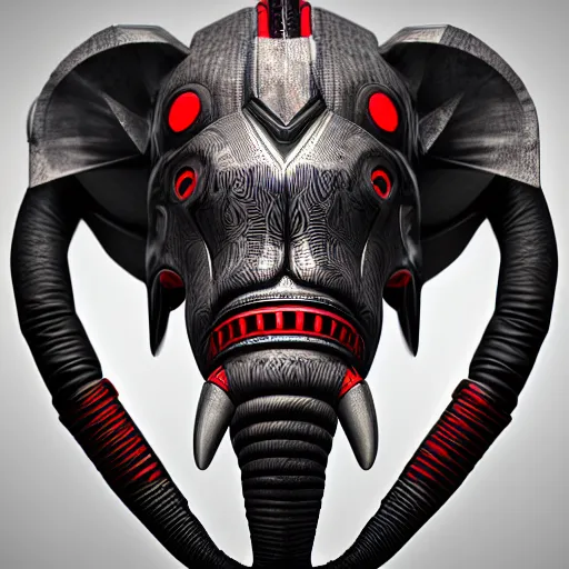 Prompt: never forget! futuristic elephant head, symmetrical, intricate black shaman ornaments, black oak patterns, iridescent reflection, mask big, mech mask, mecha - elephant, graphic design, black white grays and red color, subsurface scattering, cyberpunk, unreal engine, octane render