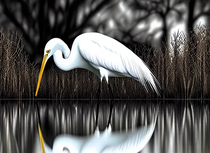 Image similar to an extremely detailed masterpiece photorealistic of a snowy egret in a bird sanctuary rookery, in the style of brian bolland, digital art, unreal engine, volumetric lighting, dark moody lighting, epic scene