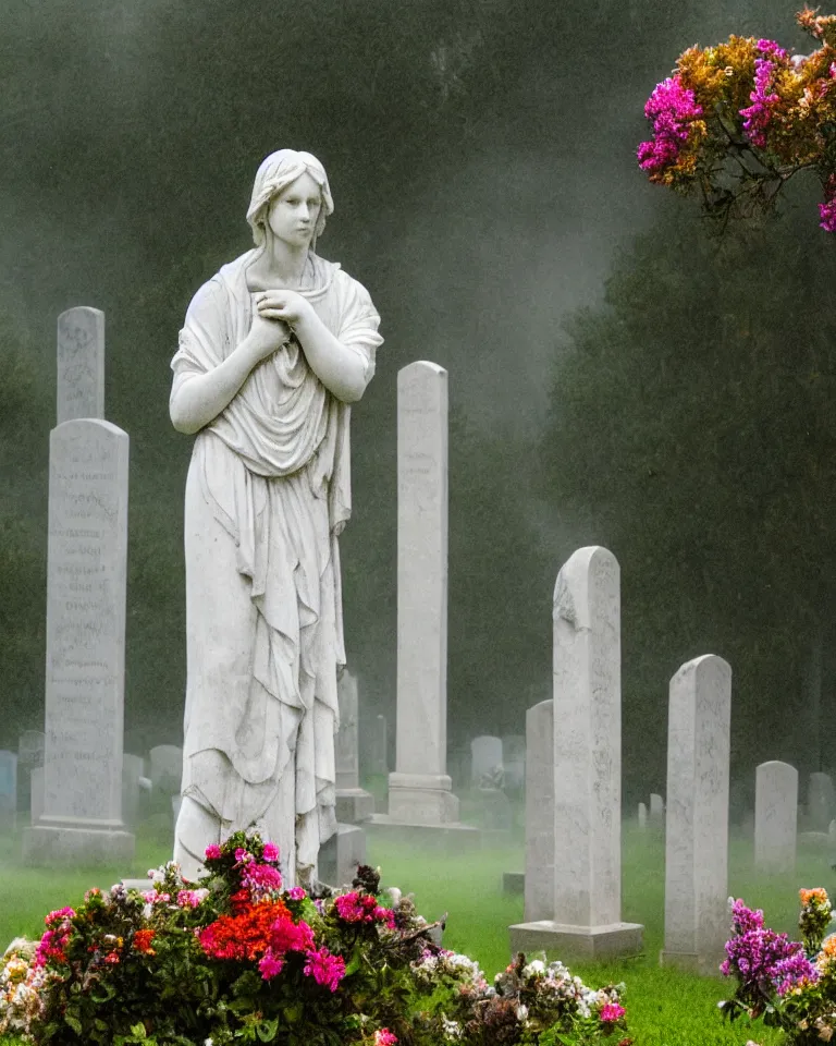 Image similar to an idealistic marble gothic cemetery statue, made of flowers, made of mist, full frame